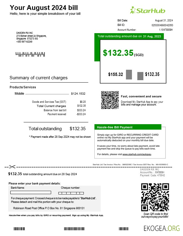 Modèle de facture de services publics de Singapour StarHub aux formats Word et PDF